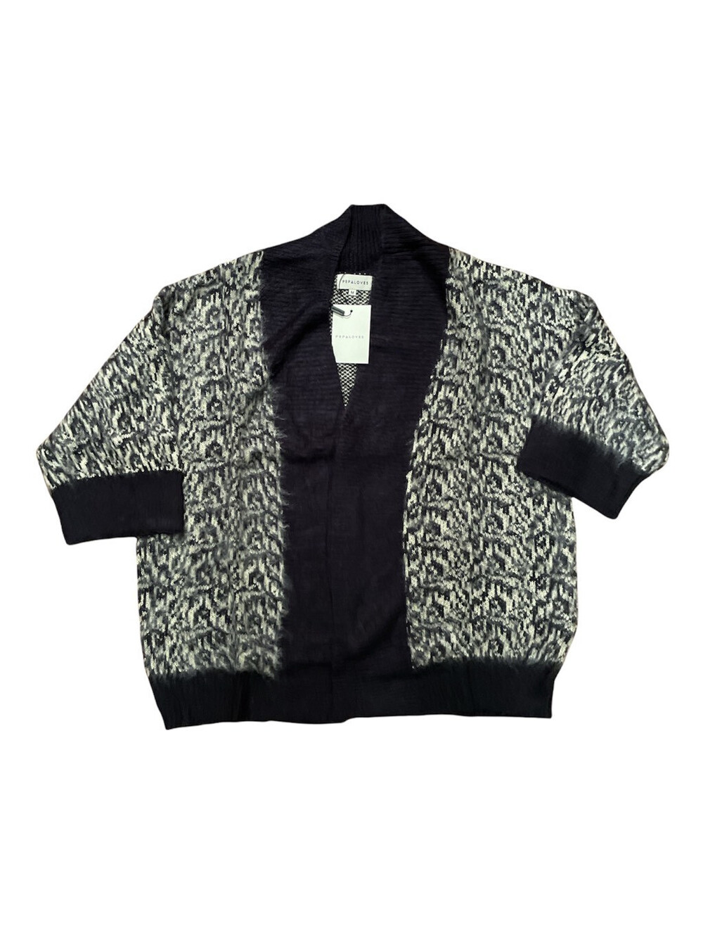 Pepaloves Womens Cardigan Sweater Black Abstract SS Tight Knit Size M New